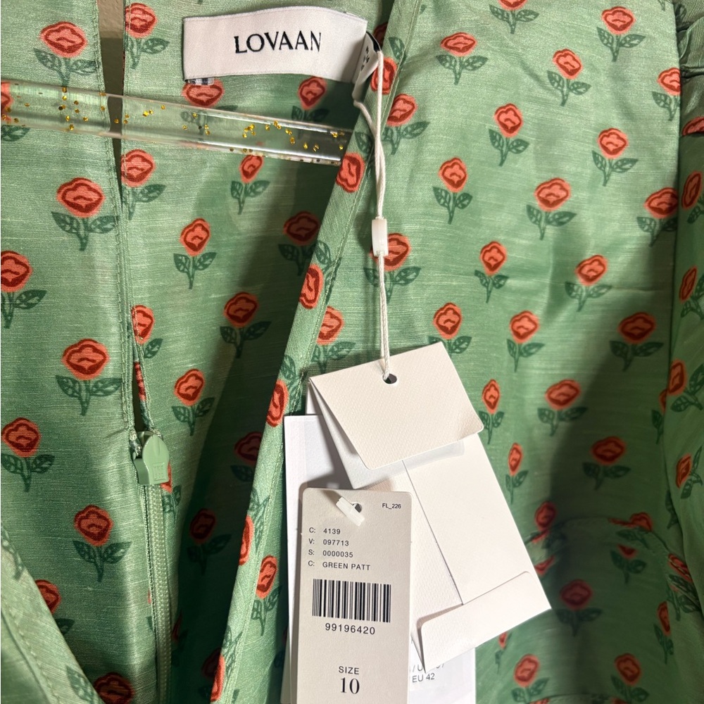 LOVAAN NWT Adeline Mini Puff Sleeve Linen Silk Dress in Green Rosette Size 10 - Picture 10 of 11